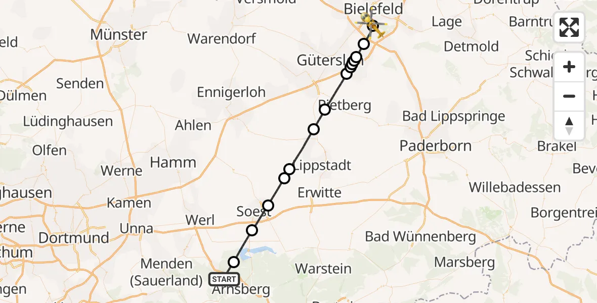 Flugroute Rettungshubschrauber Arnsberg - Luftrettungszentrum Bielefeld, 23 Mai 2026, 19:04
