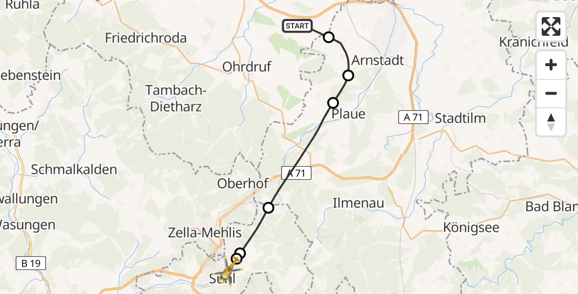 Flugroute Rettungshubschrauber Drei Gleichen - Suhl, 23 Mai 2026, 19:06