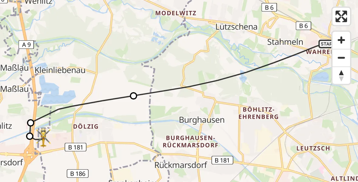 Flugroute Rettungshubschrauber Leipzig - ADAC Air Rescue Station Leipzig/Schkeuditz-Dölzig Hubschrauberlandeplatz (Christoph 61), 23 Mai 2026, 19:06