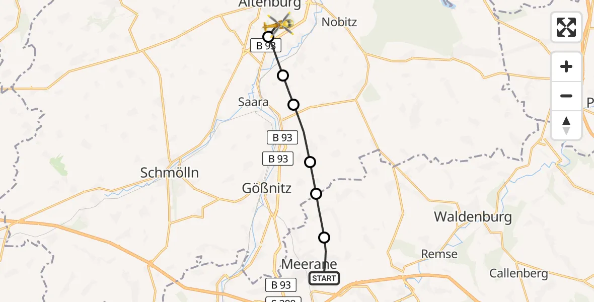 Flugroute Rettungshubschrauber Meerane - Altenburg, 23 Mai 2026, 19:13