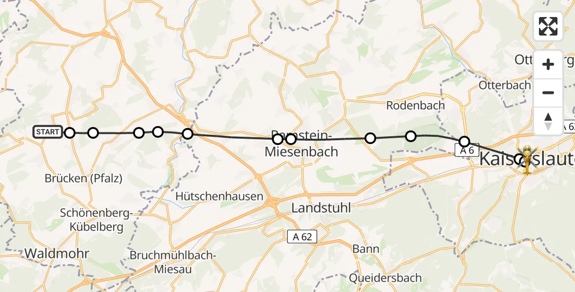 Flugroute Rettungshubschrauber Krottelbach - Westpfalz Hospital Kaiserslautern, 23 Mai 2026, 19:14