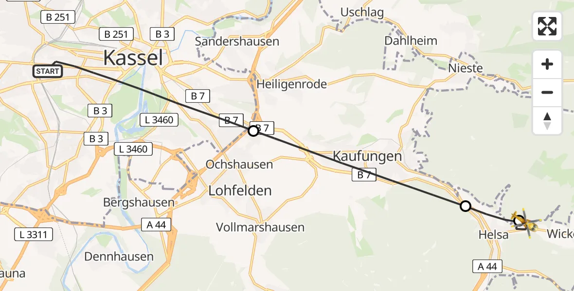 Flugroute Rettungshubschrauber Kassel - Gutsbezirk Kaufunger Wald, 23 Mai 2026, 19:14