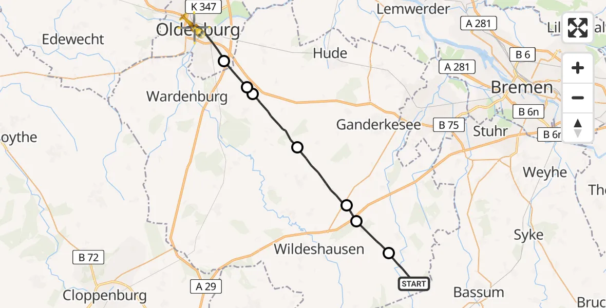 Flugroute Rettungshubschrauber Beckeln - Oldenburg (Oldb), 23 Mai 2026, 19:16