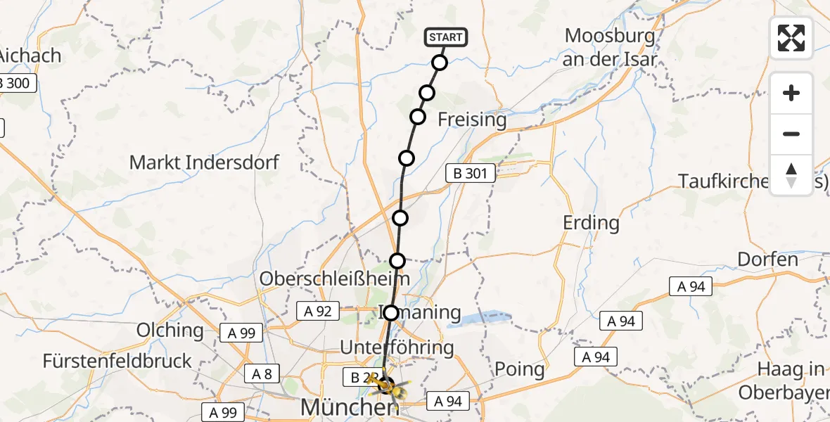 Flugroute Rettungshubschrauber Wolfersdorf - München Bogenhausen Hospital, 23 Mai 2026, 19:17