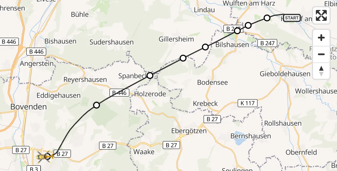 Flugroute Rettungshubschrauber Hattorf am Harz - Göttingen University Clinic Hubschrauberlandeplatz, 23 Mai 2026, 19:19