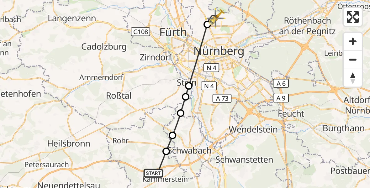 Flugroute Ambulanzhubschrauber Kammerstein - Flughafen Nuremberg, 23 Mai 2026, 19:20