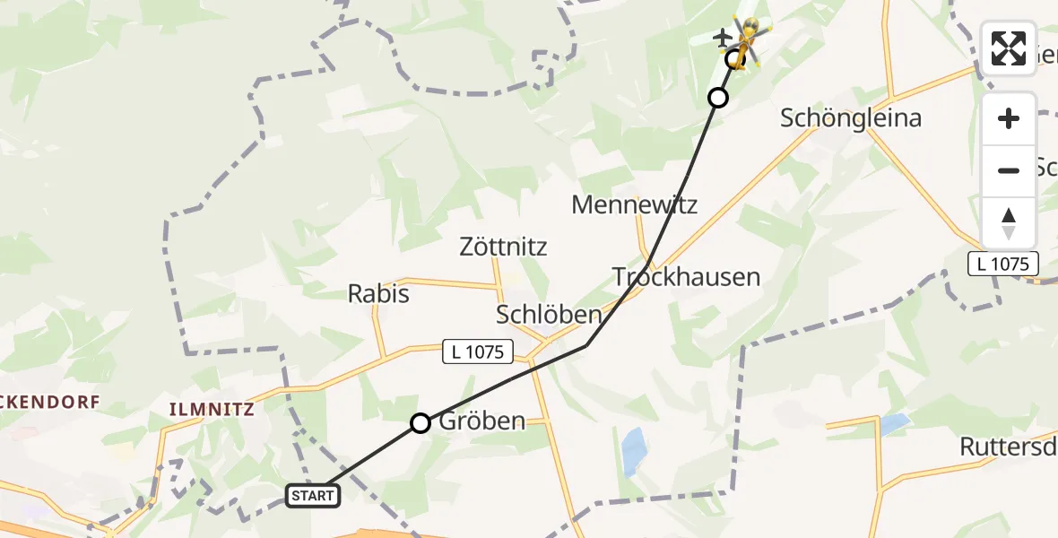 Flugroute Rettungshubschrauber Laasdorf - Jena-Schöngleina Flugplatz, 23 Mai 2026, 19:26