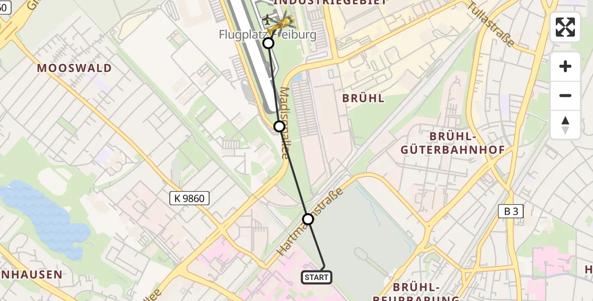 Flugroute Rettungshubschrauber Freiburg University Hospital Heliport 1 - Freiburg im Breisgau Flugplatz, 23 Mai 2026, 19:29