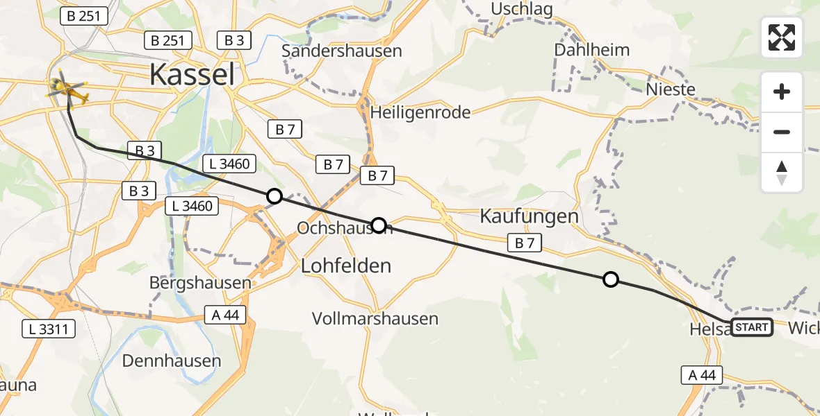 Flugroute Rettungshubschrauber Helsa - Kassel, 23 Mai 2026, 19:36