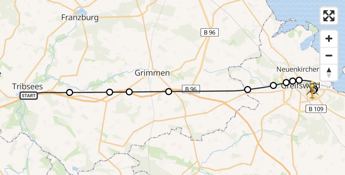 Flugroute Rettungshubschrauber Tribsees - Greifswald Hospital, 23 Mai 2026, 19:38