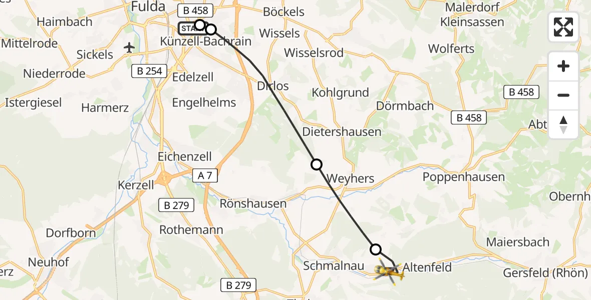 Flugroute Rettungshubschrauber Fulda Hospital - Gersfeld (Rhön), 23 Mai 2026, 19:39