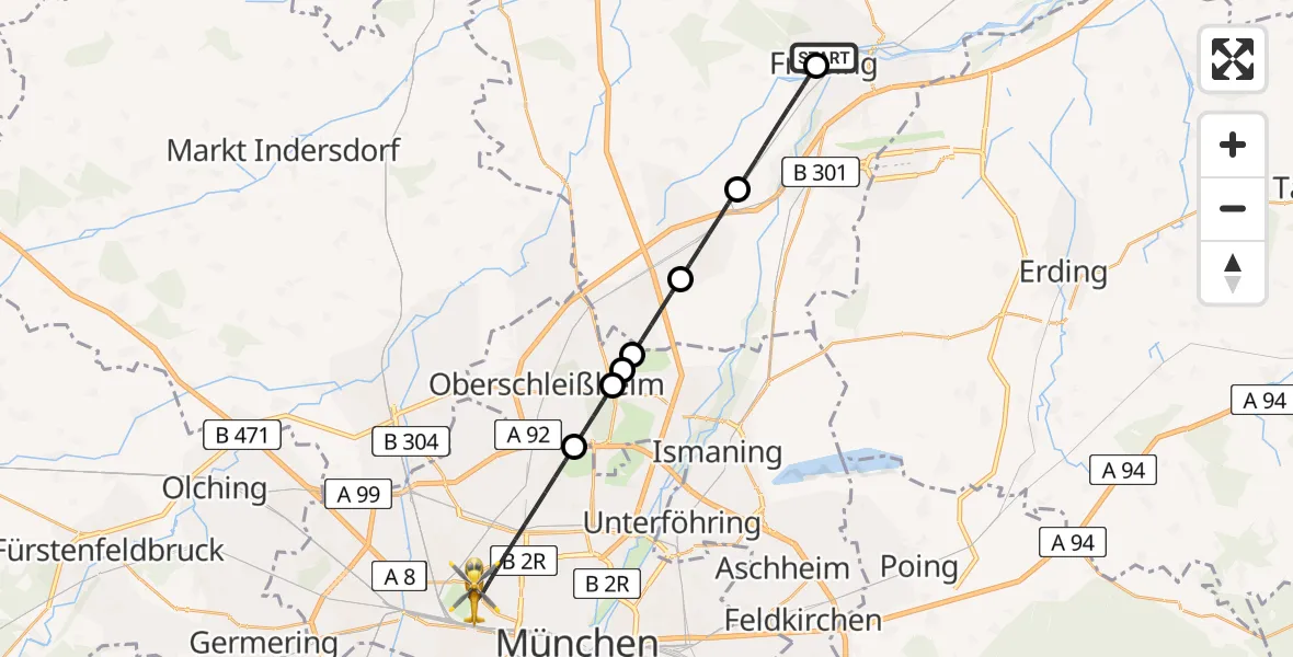 Flugroute Rettungshubschrauber Freising Clinic Hubschrauberlandeplatz - München, 23 Mai 2026, 19:40