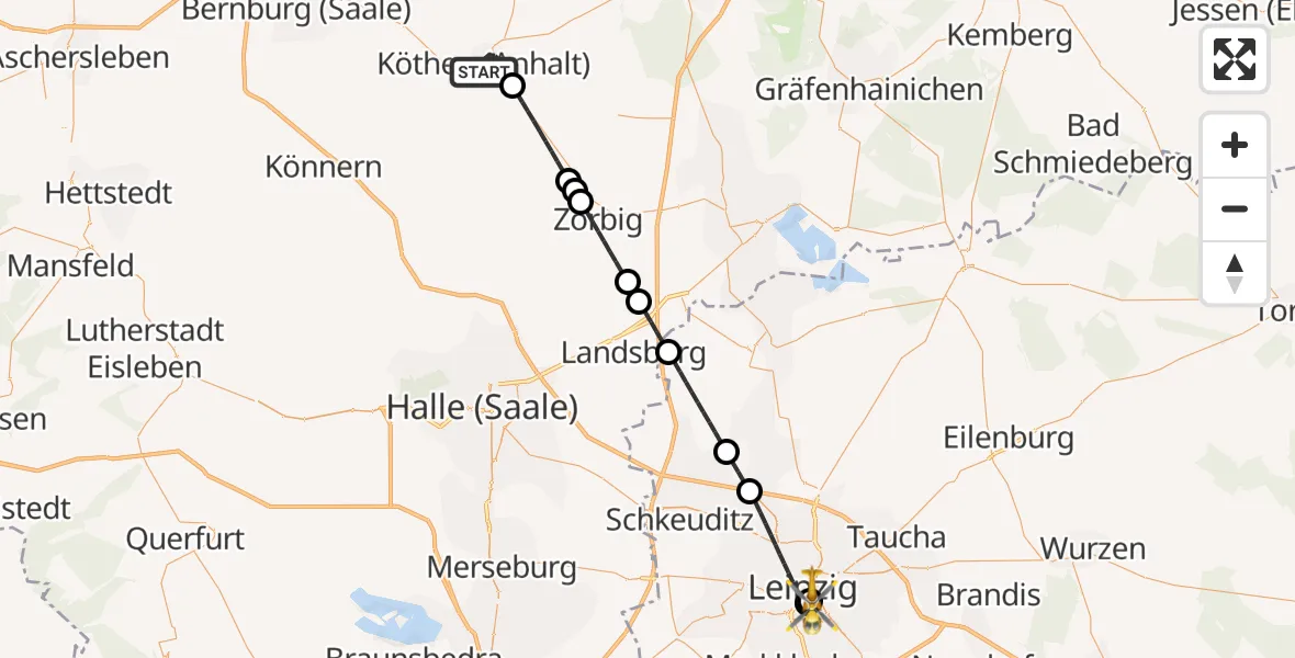 Flugroute Rettungshubschrauber Köthen (Anhalt) - Leipzig University Hospital Heliport 1, 23 Mai 2026, 19:44