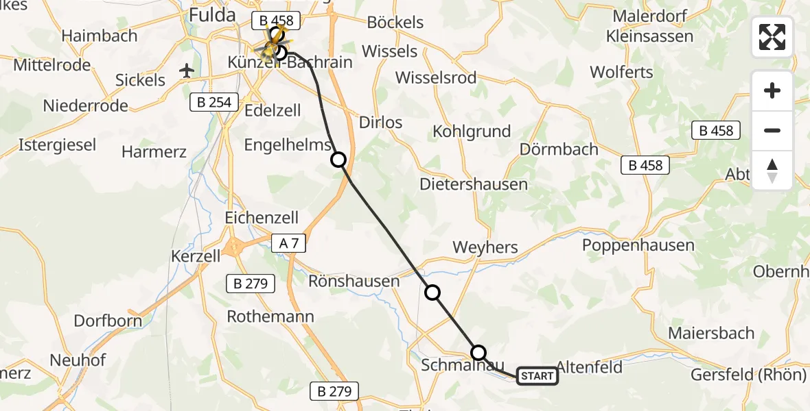 Flugroute Rettungshubschrauber Gersfeld (Rhön) - Fulda Hospital, 23 Mai 2026, 19:48