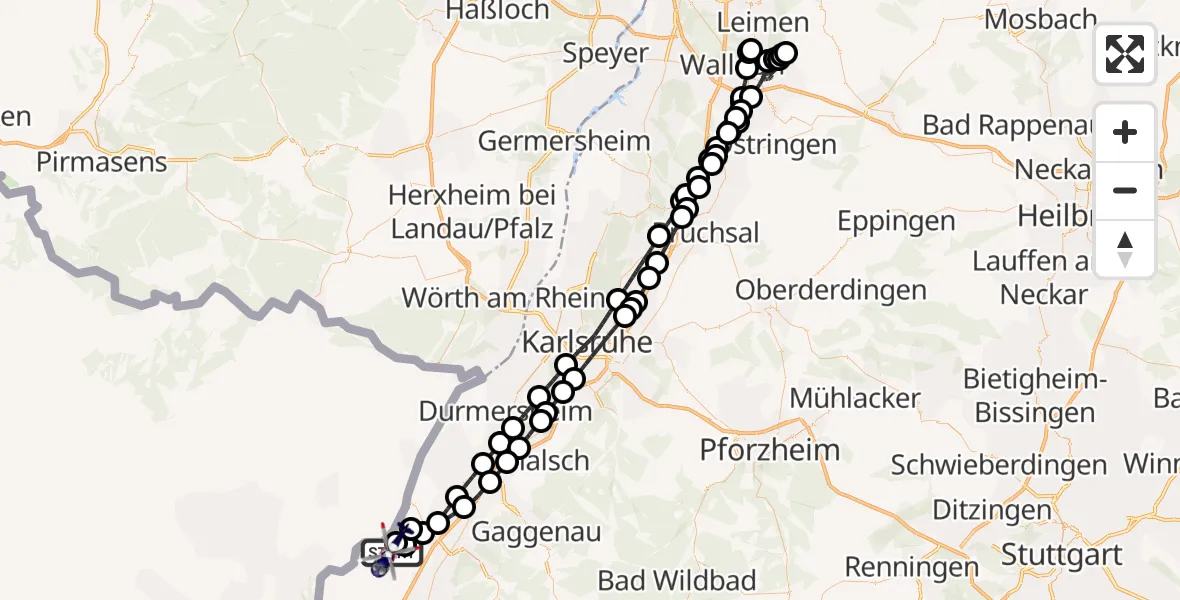 Flugroute Polizeihubschrauber Karlsruhe Baden-Baden Flughafen - Karlsruhe Baden-Baden Flughafen, 23 Mai 2026, 19:59