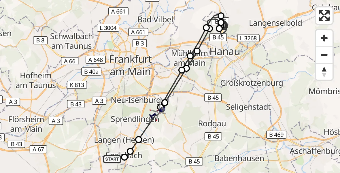 Flugroute Polizeihubschrauber Flughafen Frankfurt-Egelsbach - Dreieich, 23 Mai 2026, 20:33