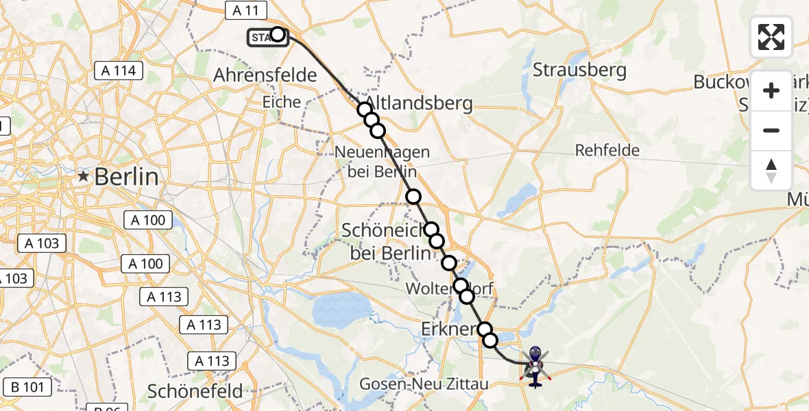 Flugroute Polizeihubschrauber Ahrensfelde Hubschrauberlandeplatz - Grünheide (Mark), 23 Mai 2026, 20:39