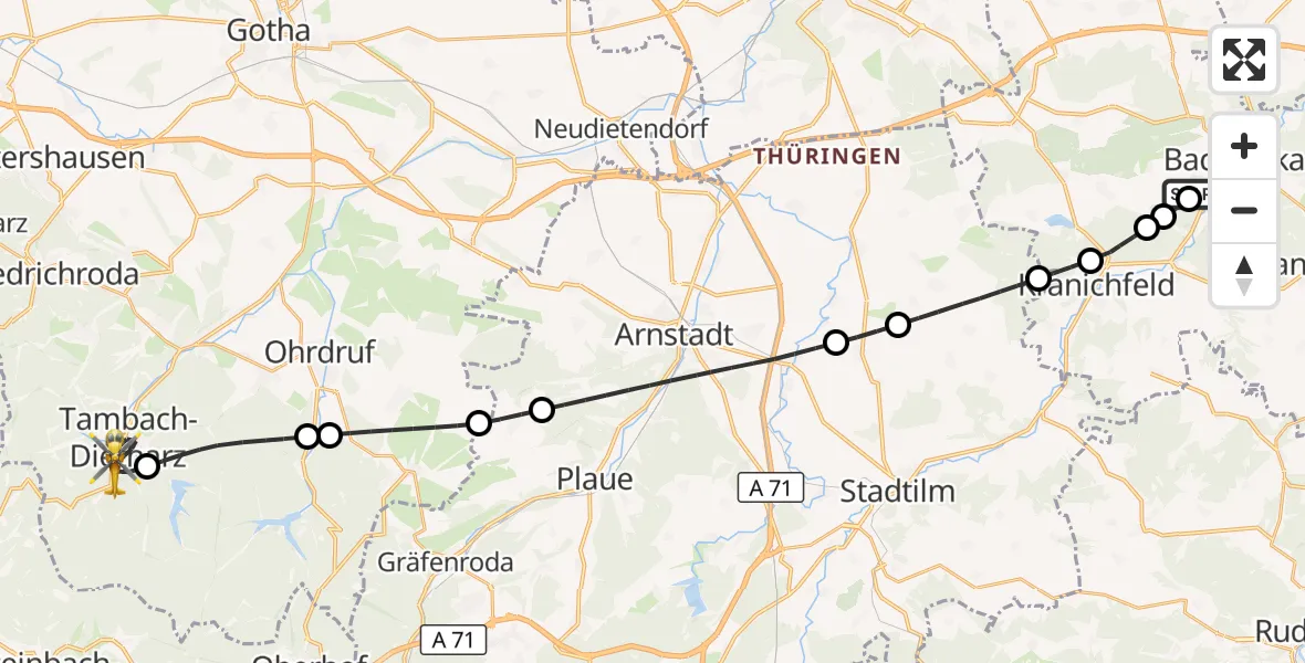 Flugroute Ambulanzhubschrauber Bad Berka Central Hospital - Tambach-Dietharz/Thür.Wald, 23 Mai 2026, 20:42
