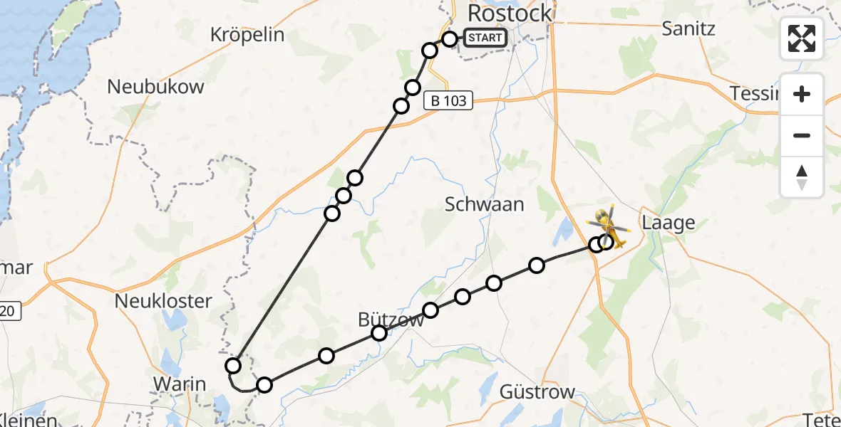 Flugroute Rettungshubschrauber Rostock - Flughafen Rostock-Laage, 23 Mai 2026, 21:03