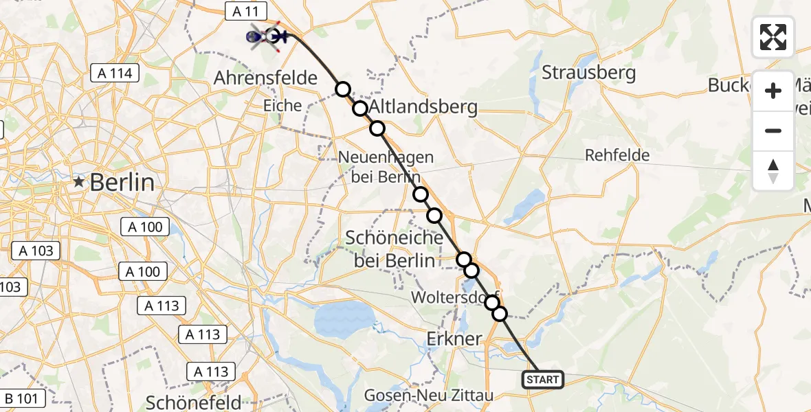 Flugroute Polizeihubschrauber Grünheide (Mark) - Ahrensfelde Hubschrauberlandeplatz, 23 Mai 2026, 21:06
