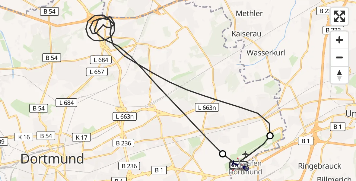 Flugroute Polizeihubschrauber Dortmund Flughafen - Dortmund Flughafen, 23 Mai 2026, 21:07