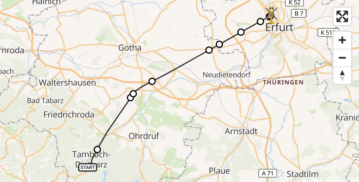 Flugroute Ambulanzhubschrauber Tambach-Dietharz/Thür.Wald - Helios Clinic Erfurt, 23 Mai 2026, 21:29