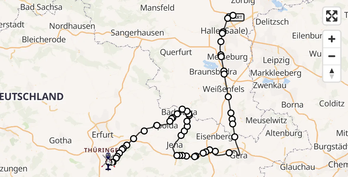 Flugroute Polizeihubschrauber Halle-Oppin Flugplatz - Arnstadt-Alkersleben Flugplatz, 23 Mai 2026, 21:40