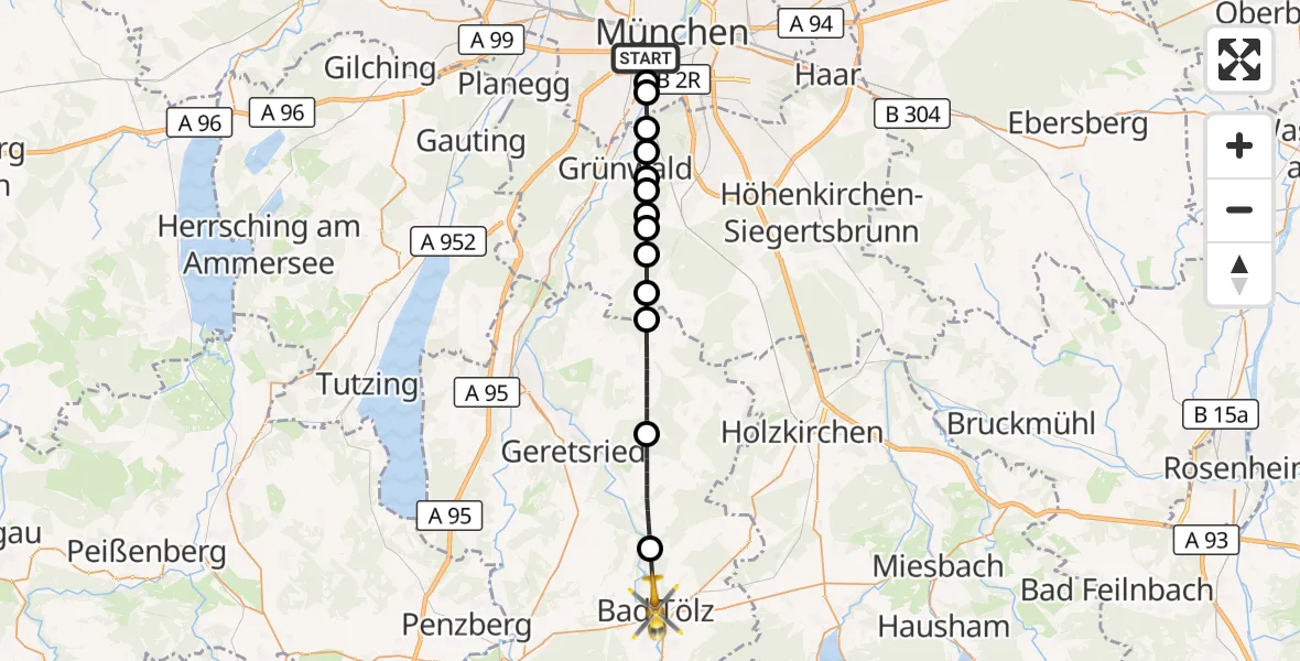 Flugroute Rettungshubschrauber München - Bad Tölz, 23 Mai 2026, 21:43