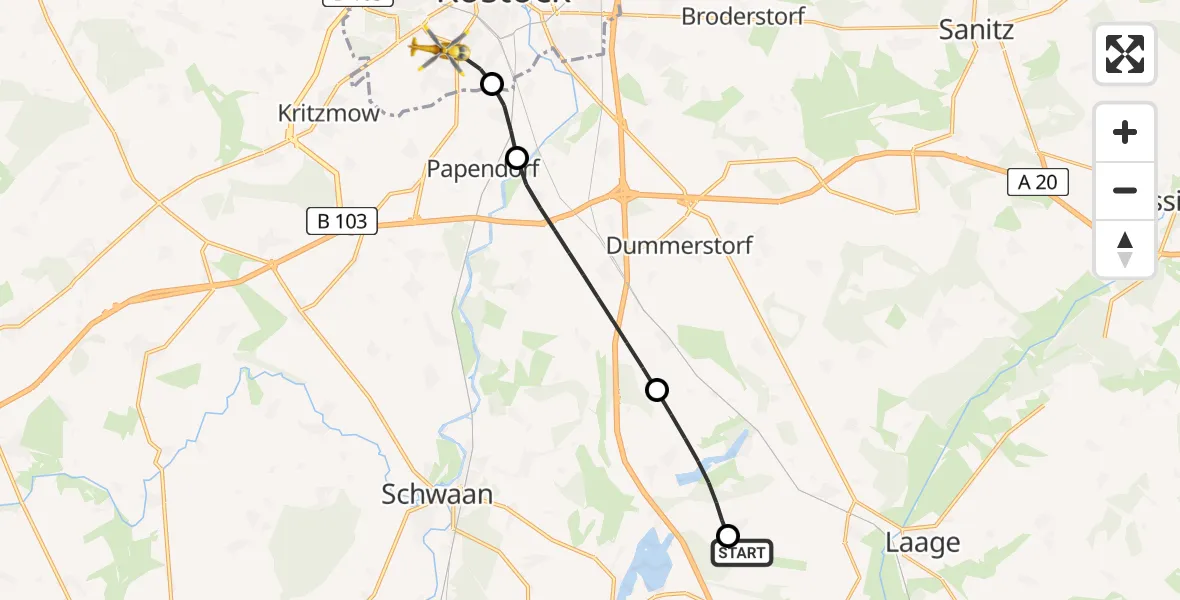 Flugroute Rettungshubschrauber Flughafen Rostock-Laage - Rostock, 23 Mai 2026, 21:44