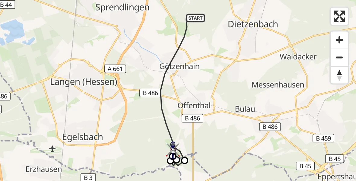 Flugroute Polizeihubschrauber Dreieich - Dreieich, 23 Mai 2026, 21:53