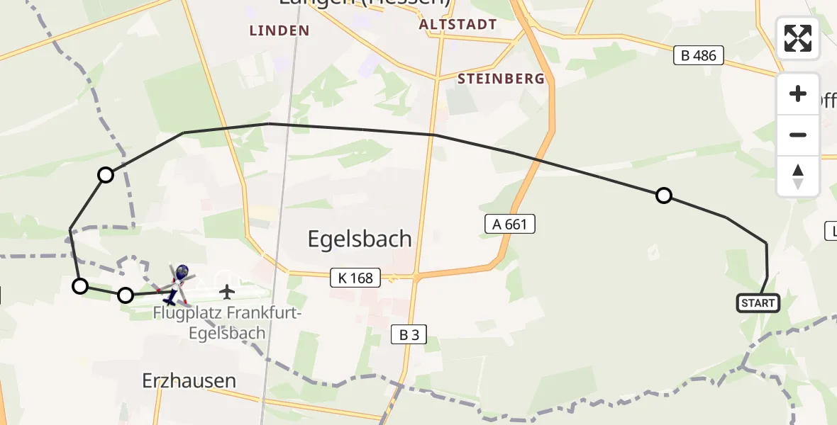 Flugroute Polizeihubschrauber Dreieich - Flughafen Frankfurt-Egelsbach, 23 Mai 2026, 22:01