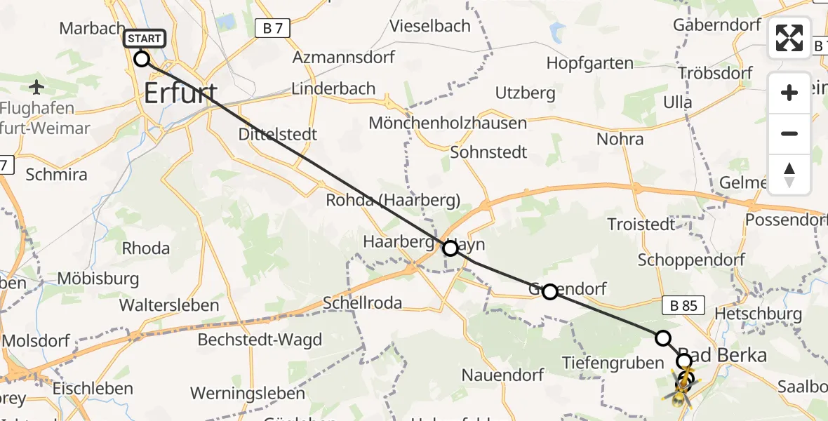 Flugroute Ambulanzhubschrauber Helios Clinic Erfurt - Bad Berka Central Hospital, 23 Mai 2026, 22:07