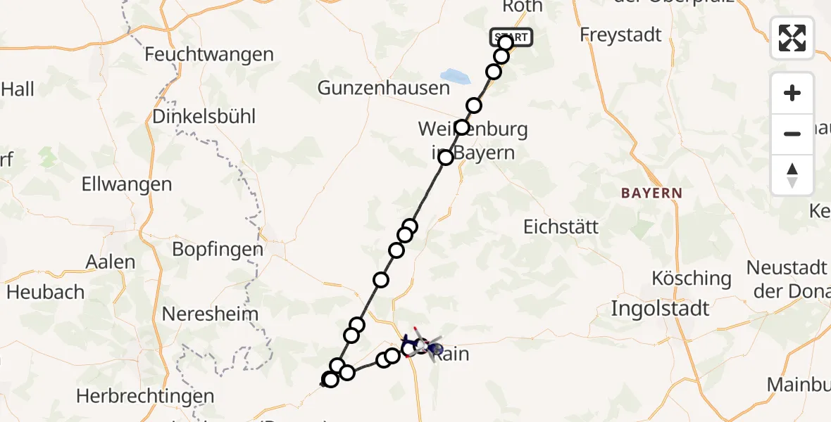 Flugroute Polizeihubschrauber Roth - Donauwörth-Genderkingen Flugplatz, 23 Mai 2026, 22:33