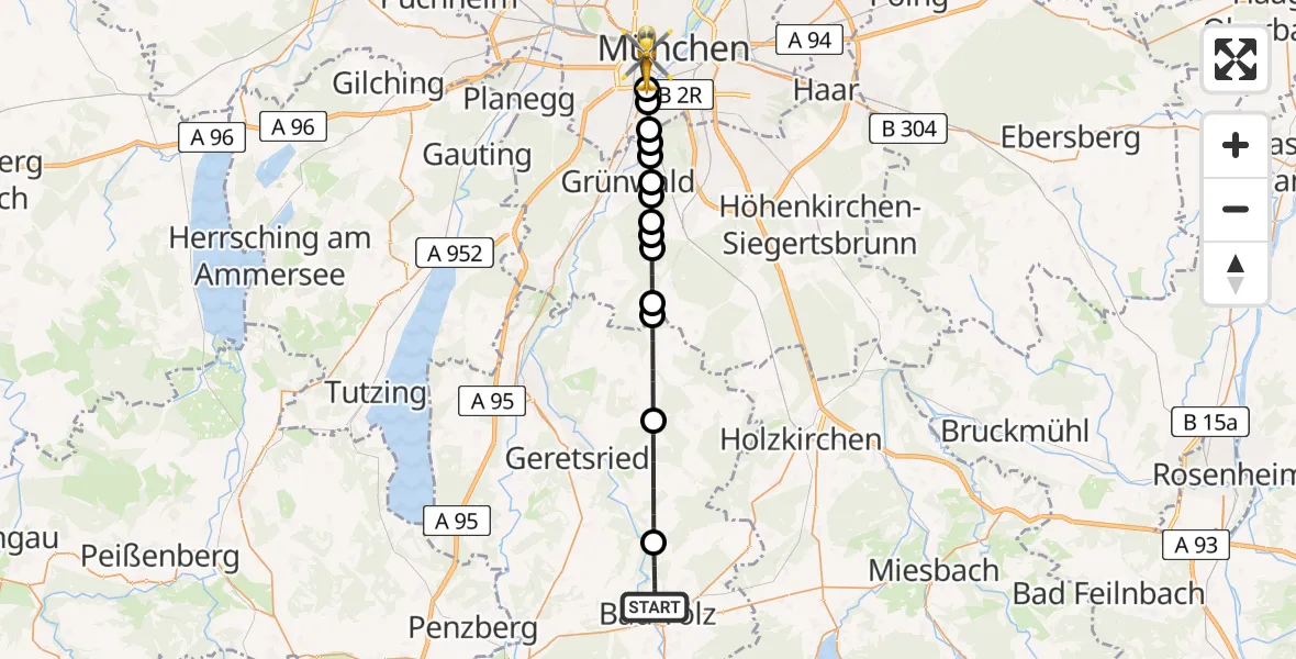 Flugroute Rettungshubschrauber Bad Tölz - München, 23 Mai 2026, 22:51