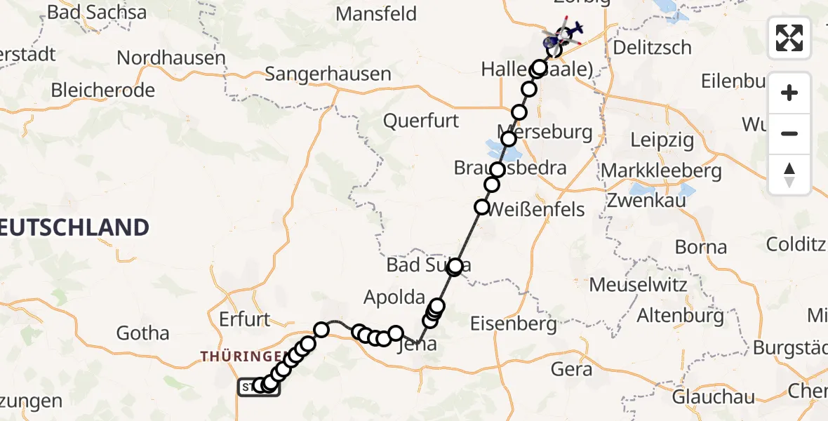 Flugroute Polizeihubschrauber Arnstadt-Alkersleben Flugplatz - Halle-Oppin Flugplatz, 23 Mai 2026, 23:10
