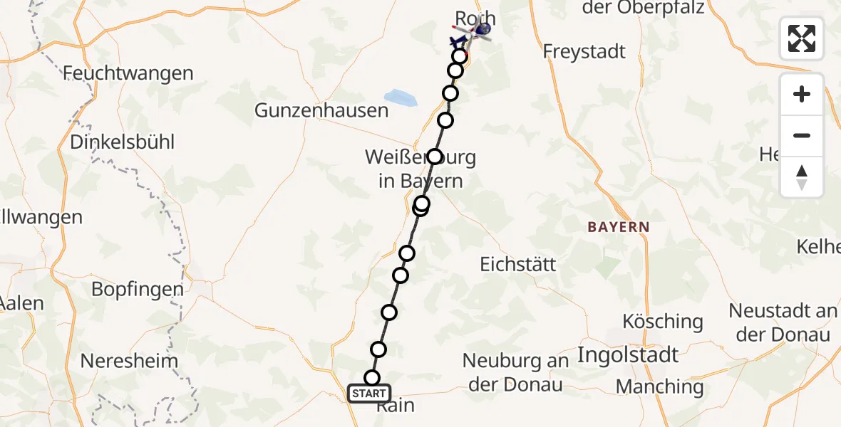 Flugroute Polizeihubschrauber Genderkingen - Roth, 24 Mai 2026, 00:15