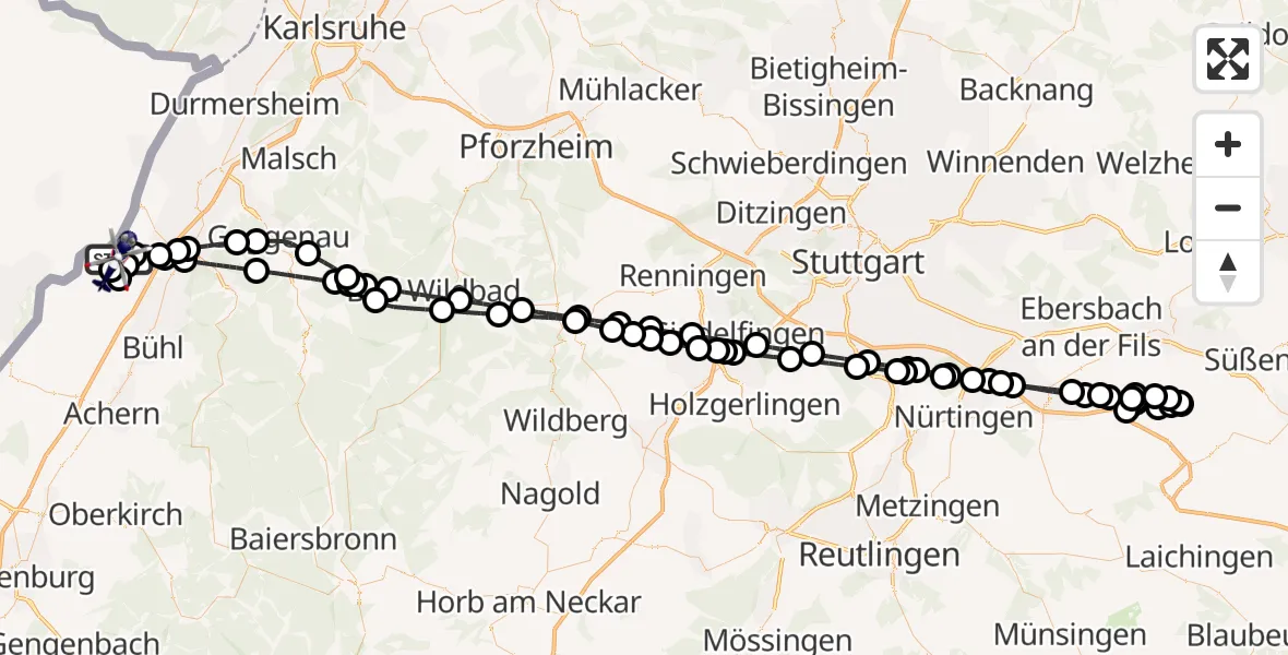 Flugroute Polizeihubschrauber Karlsruhe Baden-Baden Flughafen - Karlsruhe Baden-Baden Flughafen, 24 Mai 2026, 01:07