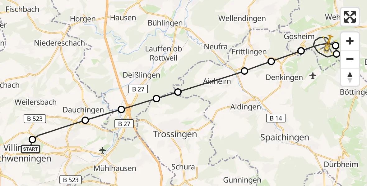 Flugroute Ambulanzhubschrauber DRF Air Rescue Station Villingen-Schwenningen Hubschrauberlandeplatz (Christoph 11) - Gosheim, 24 Mai 2026, 01:17