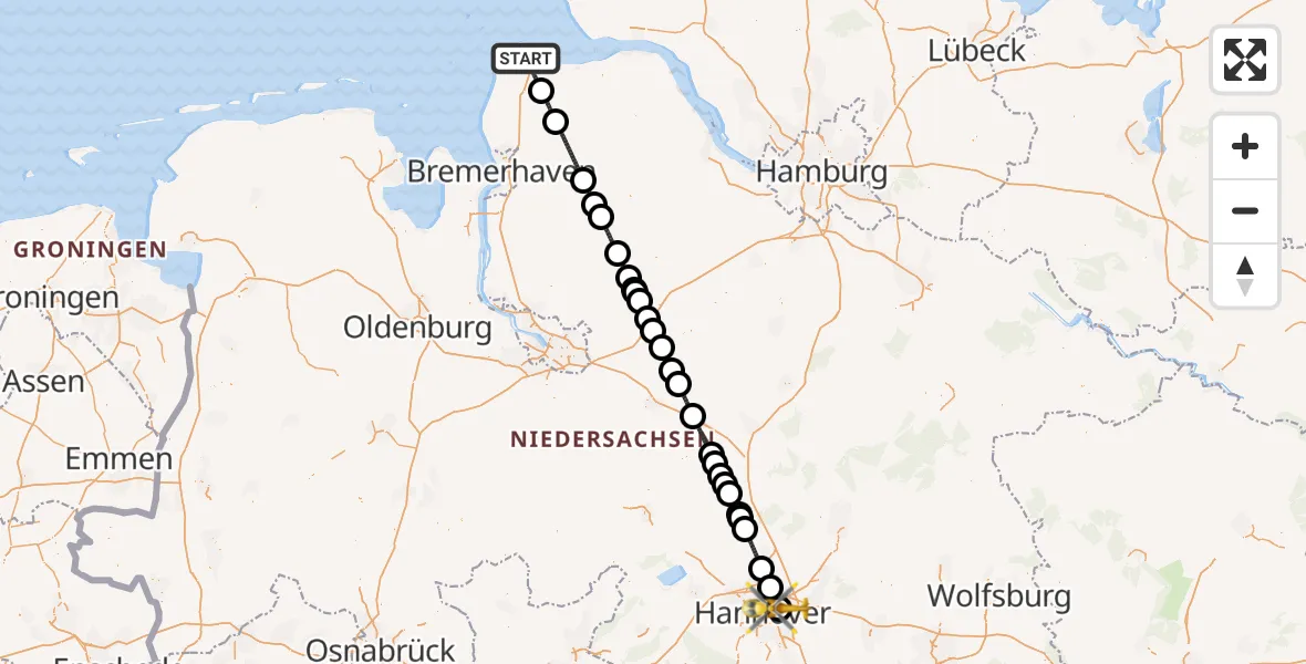 Flugroute Rettungshubschrauber Cuxhaven - Hannover Luftrettung Hubschrauberlandeplatz (Christoph 4), 24 Mai 2026, 01:24