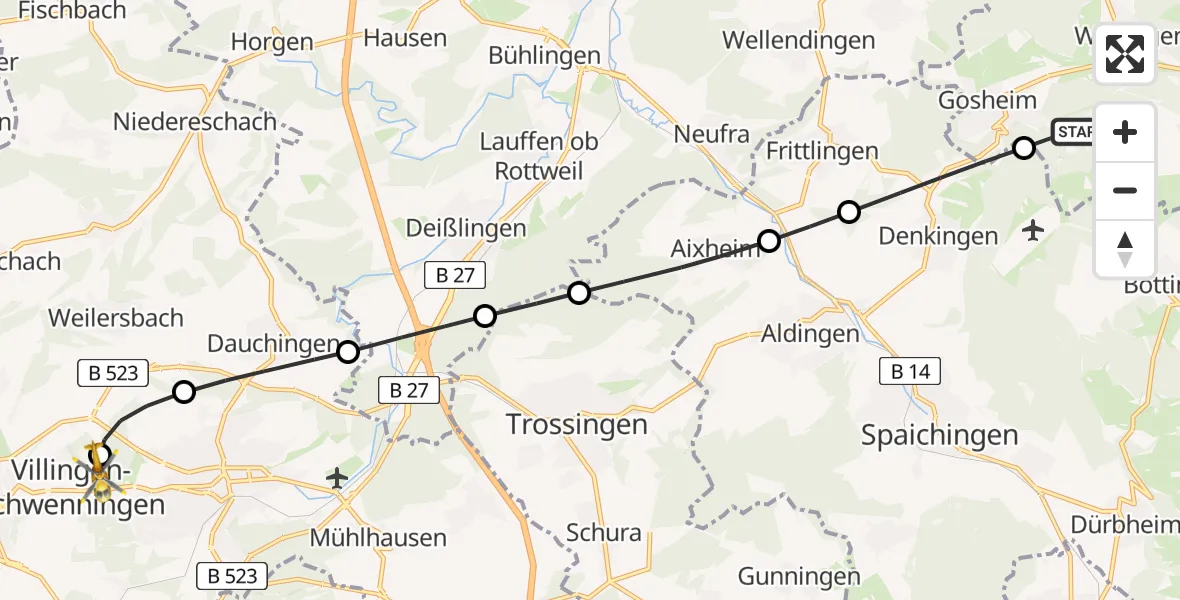 Flugroute Ambulanzhubschrauber Gosheim - DRF Air Rescue Station Villingen-Schwenningen Hubschrauberlandeplatz (Christoph 11), 24 Mai 2026, 02:00
