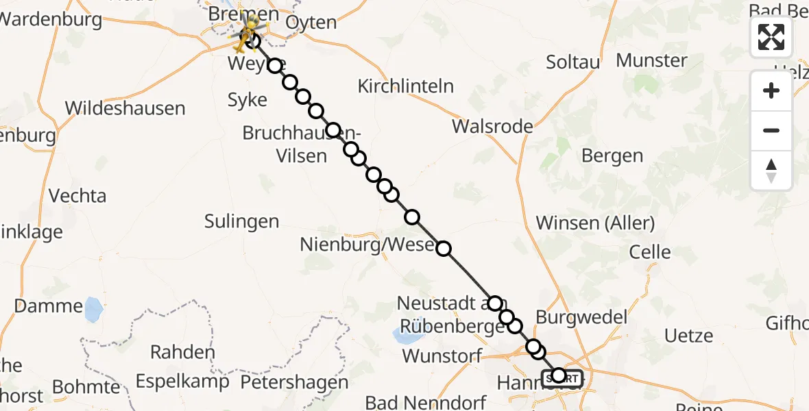Flugroute Rettungshubschrauber Hannover Luftrettung Hubschrauberlandeplatz (Christoph 4) - ADAC Air Rescue Station Bremen Hubschrauberlandeplatz (Christoph 6), 24 Mai 2026, 02:51