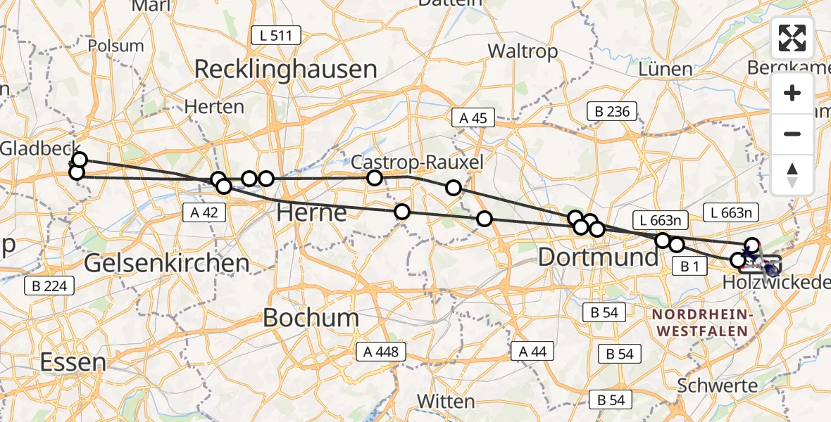 Flugroute Polizeihubschrauber Dortmund Flughafen - Dortmund Flughafen, 24 Mai 2026, 03:45