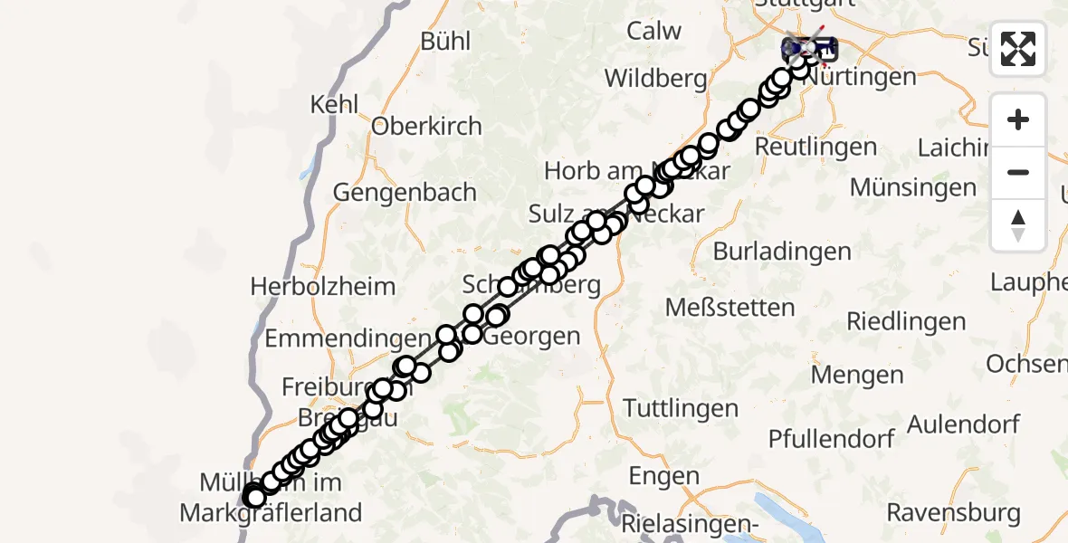 Flugroute Polizeihubschrauber Flughafen Stuttgart - Flughafen Stuttgart, 24 Mai 2026, 04:33