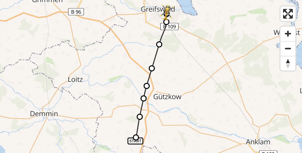 Flugroute Rettungshubschrauber Daberkow - Greifswald Hospital, 24 Mai 2026, 04:53