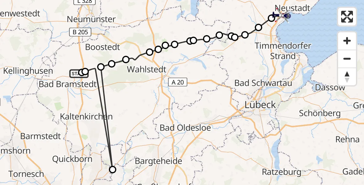Flugroute Polizeihubschrauber Bimöhlen - Sierksdorf, 24 Mai 2026, 05:33