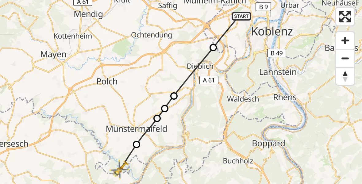 Flugroute Rettungshubschrauber Koblenz - Wierschem, 24 Mai 2026, 05:41