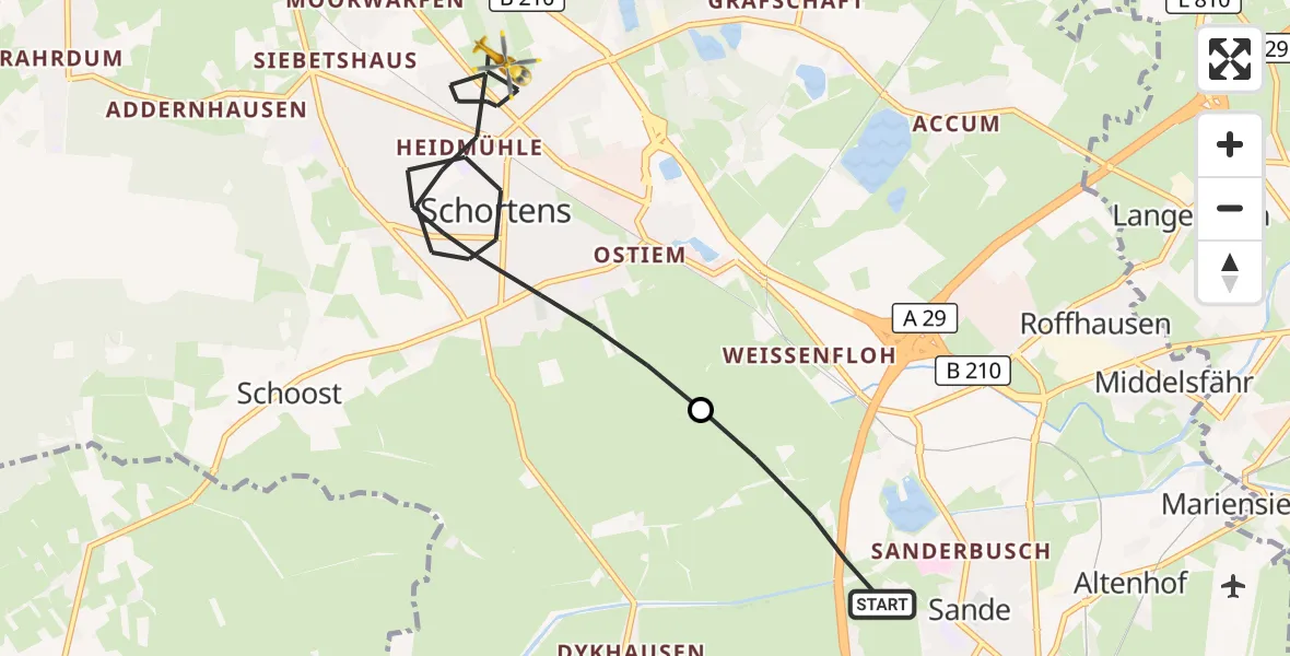 Flugroute Rettungshubschrauber Sande - Schortens, 24 Mai 2026, 05:43