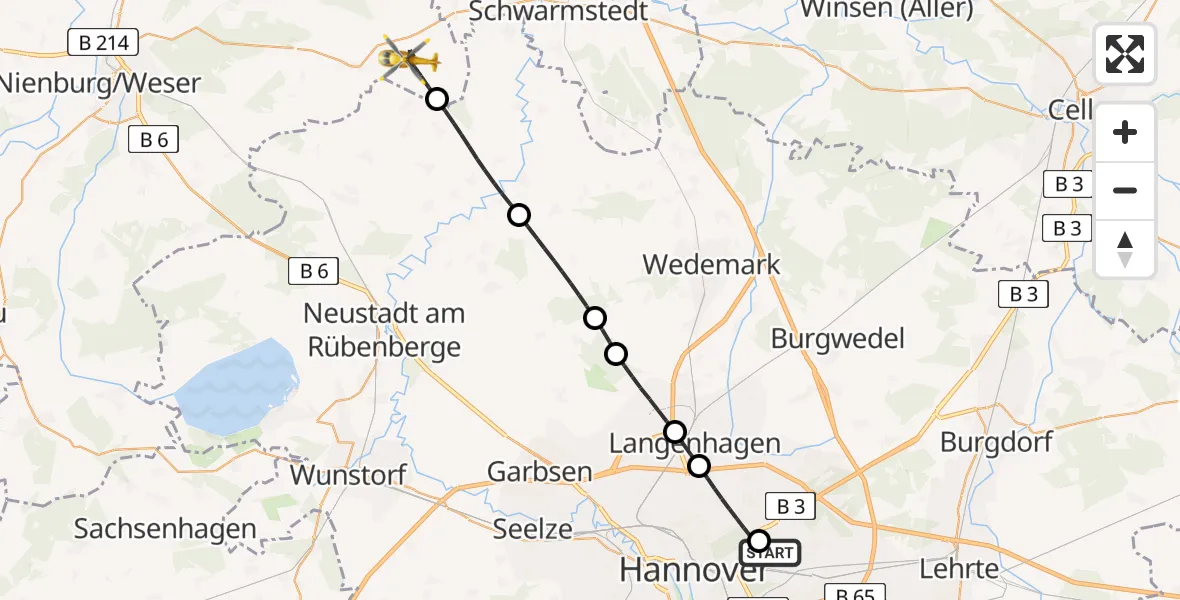 Flugroute Rettungshubschrauber Hannover Luftrettung Hubschrauberlandeplatz (Christoph 4) - Rodewald, 24 Mai 2026, 06:22