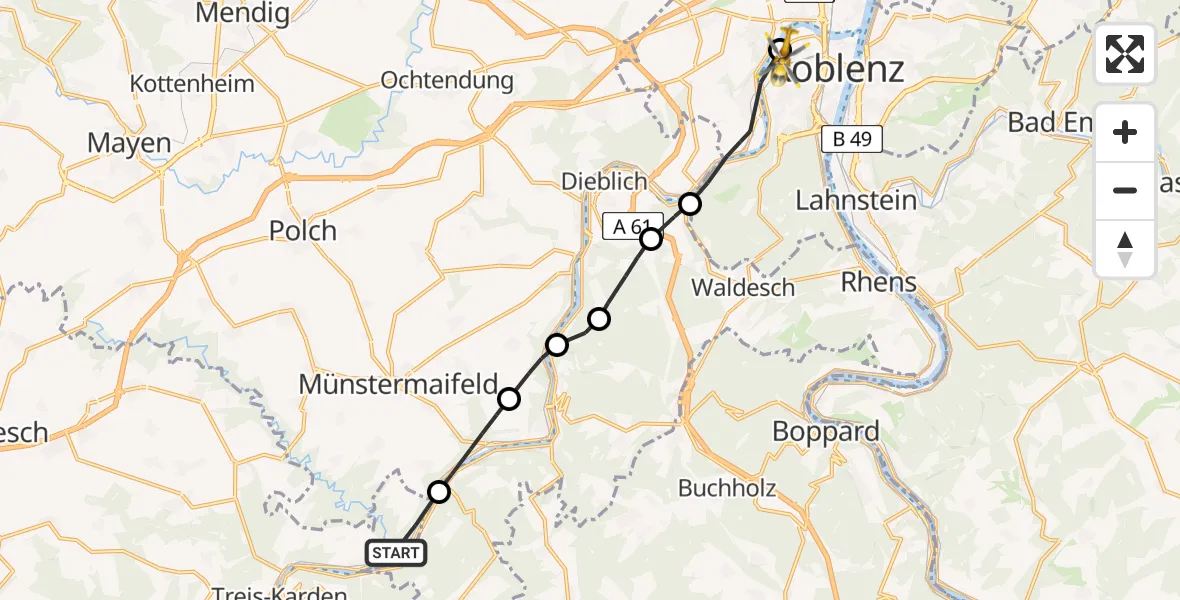 Flugroute Rettungshubschrauber Moselkern - Kemperhof Koblenz Klinikum Hubschrauberlandeplatz, 24 Mai 2026, 06:24