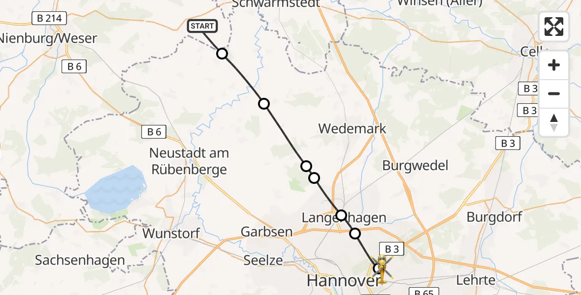 Flugroute Rettungshubschrauber Rodewald - Hannover Luftrettung Hubschrauberlandeplatz (Christoph 4), 24 Mai 2026, 06:38